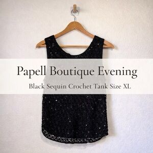 Papell Boutique Evening Black Sequin Crochet Tank Top Size XL